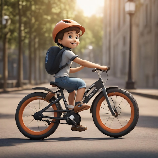 Simpatico cartone animato ragazzo in sella a una bicicletta generato dall'intelligenza artificiale