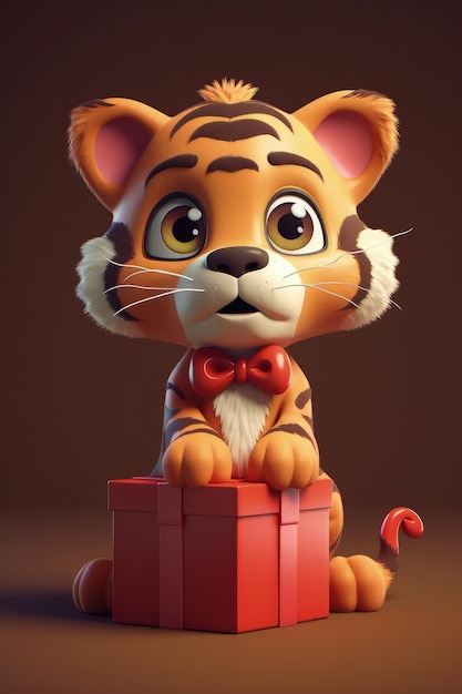 Simpatico cartone animato tigre con occhi molto grandi con una grande confezione regalo fiocco rosso AI generativa