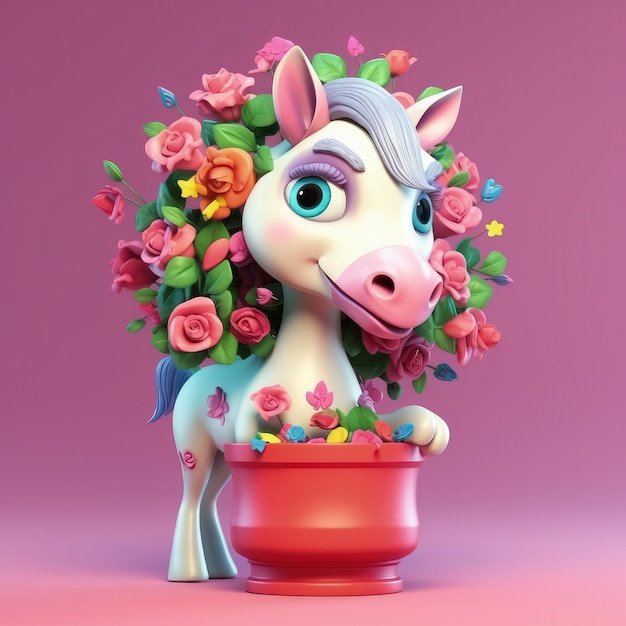 Simpatico cavallo cartone animato con occhi molto grandi che tiene un vaso di fiori rosa colorati uno sfondo rosa