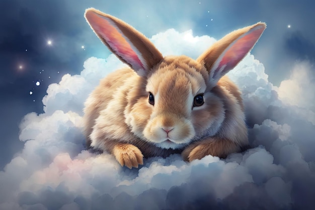 simpatico coniglietto che dorme su una nuvola ai generativa