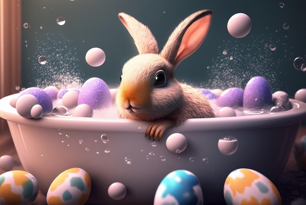 Simpatico coniglietto che fa il bagno in un bagno con le palle ai generative