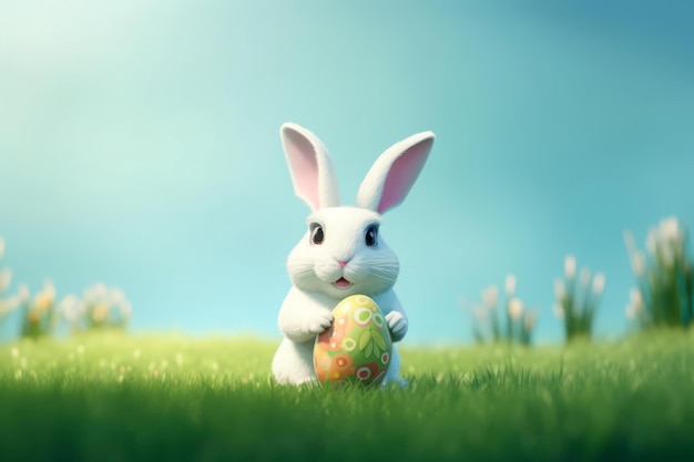 Simpatico coniglietto che tiene l'uovo di Pasqua Coniglietto adorabile bianco seduto nell'erba verde Genera ai