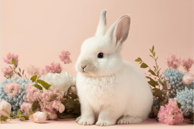 Simpatico coniglietto con fiori su sfondo rosa Simpatico coniglio soffice Concetto di simbolo di Pasqua animale IA generativa