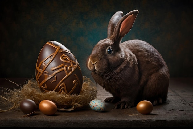 Simpatico coniglietto con uova di Pasqua AI Generativo