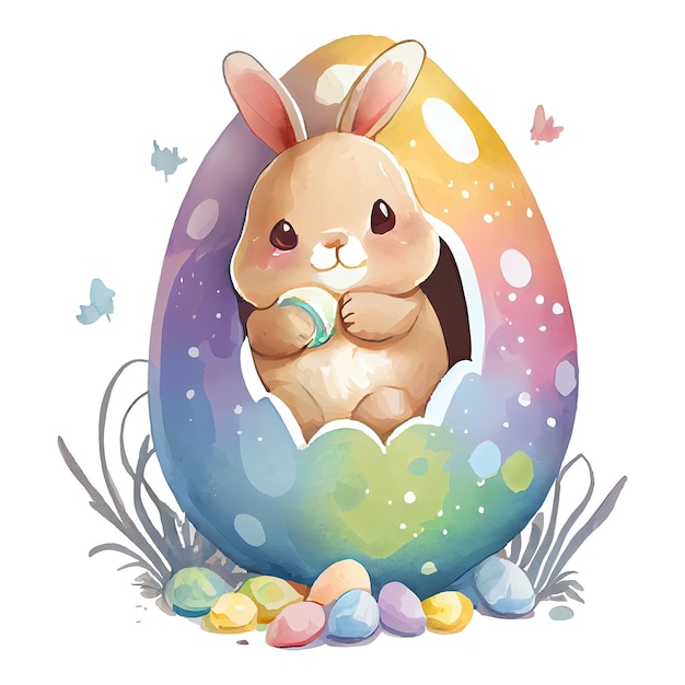 Simpatico coniglietto dell'acquerello con personaggio animale dei cartoni animati di uova
