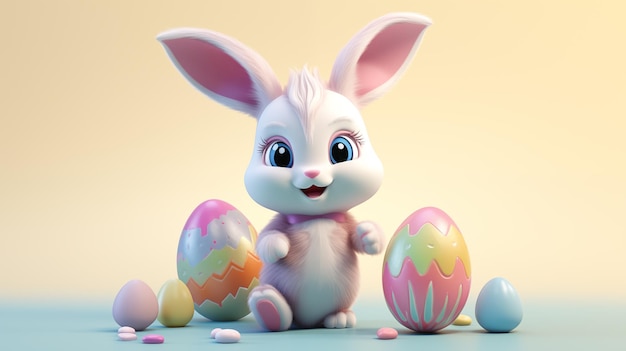 Simpatico coniglietto di Pasqua con uova colorate Illustrazione di stile 3d di Pasqua