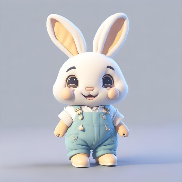 Simpatico coniglietto in pantaloncini e bretelle rendering 3D