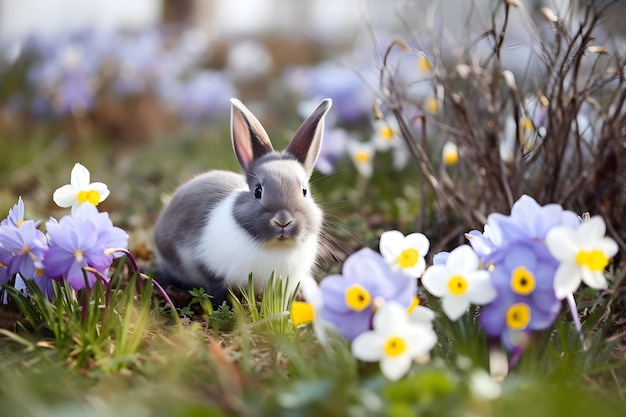 Simpatico coniglietto seduto su un campo verde prato primaverile con fiori di croco sullo sfondo della natura Concetto di Pasqua con coniglio AI generato