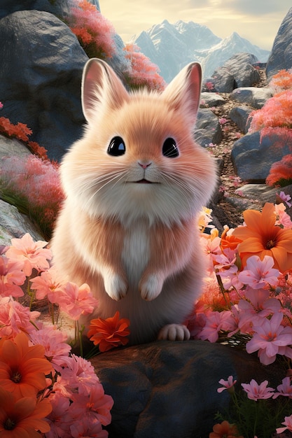 Simpatico coniglietto su uno sfondo di fiori AI Generativo