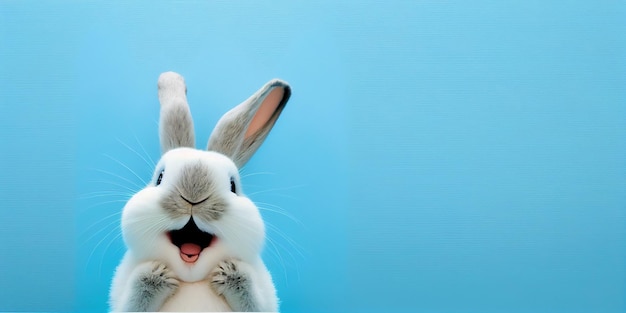 Simpatico coniglio animale domestico o coniglietto di colore bianco sorridente e ridente isolato con spazio di copia per pasqua
