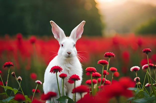 simpatico coniglio con fiori su un verde naturale
