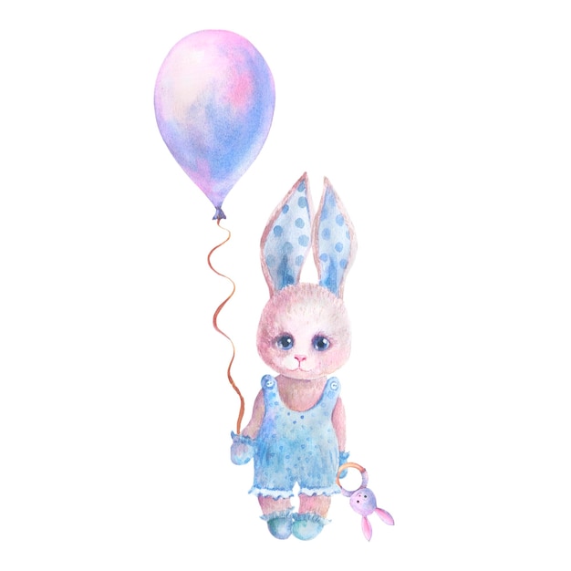Simpatico coniglio con palloncino e giocattolo nelle sue mani baby shower elementi di design neonato cartolina d'auguri acquerello illustrazione isolato su sfondo bianco