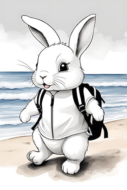 Simpatico coniglio con zaino durante una passeggiata sulla spiaggia Pagina da colorare Esempio di colorazione