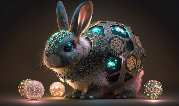 Simpatico coniglio felice che tiene una serie di uova di Pasqua finemente decorate