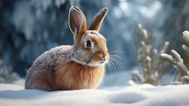 Simpatico coniglio grigio nel bosco innevato Vacanze di Pasqua conceptgenerative ai