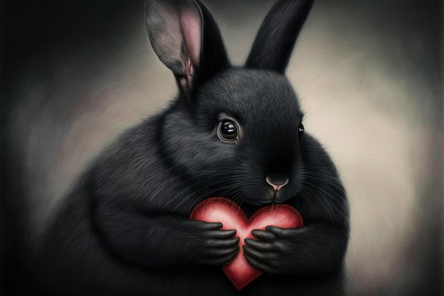 Simpatico coniglio nero soffice che abbraccia il cuore rosso Saluti di San Valentino dal romantico coniglietto che tiene il cuore AI generativa