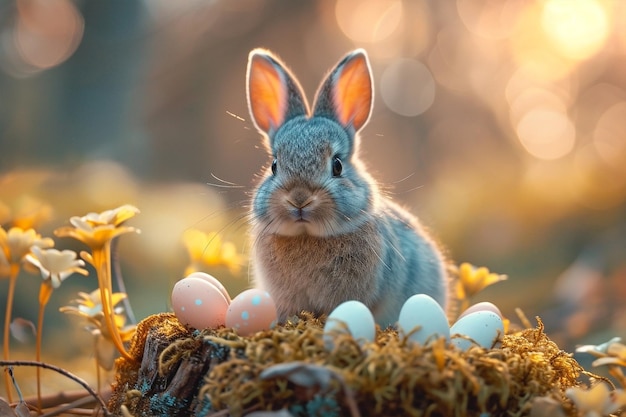 Simpatico coniglio pasquale seduto su un ceppo nella foresta primaverile tra uova color pastello