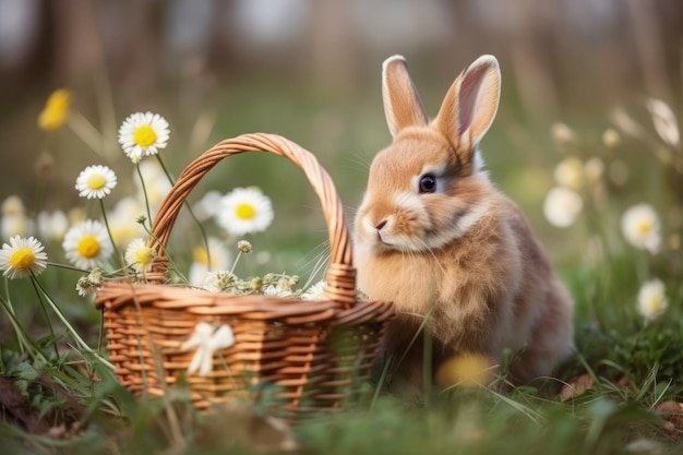 Simpatico coniglio seduto accanto a un cesto di margherite nell'erba verde creato con la tecnologia Generative AI