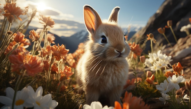 Simpatico coniglio seduto sull'erba godendosi il prato soleggiato generato dall'intelligenza artificiale