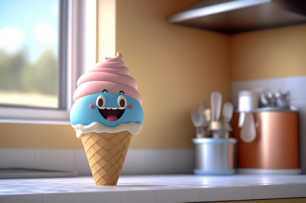 Simpatico cono gelato dolce sorriso in cucina Stile di rendering 3D Illustrazione generata da AI