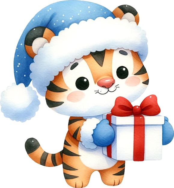 Simpatico contenitore regalo tigre stravagante nelle mani blu cappello da Babbo Natale acquerello isolato su bianco