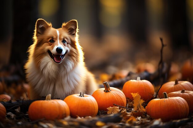 Simpatico corgi con zucche e foglie d'acero Poster di Halloween IA generativa