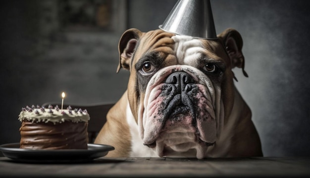 Simpatico cucciolo di bulldog che si gode un'indulgenza di compleanno gourmet IA generativa