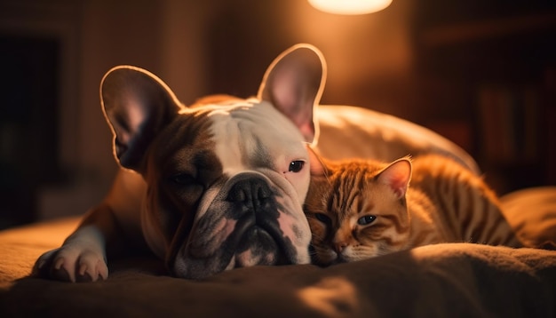 Simpatico cucciolo di bulldog francese che dorme sul letto generato dall'intelligenza artificiale