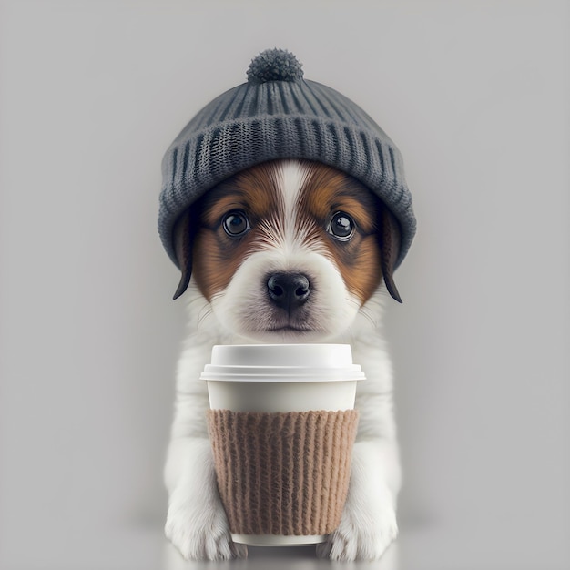 Simpatico cucciolo di cane che indossa un berretto di lana a maglia che tiene una tazza di caffè illustartion
