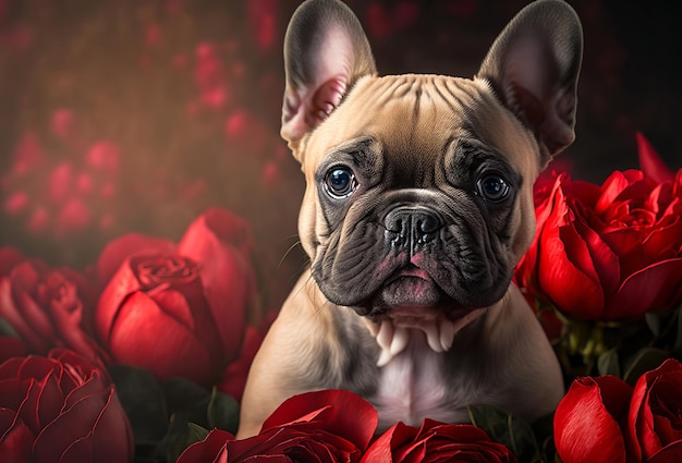 Simpatico cucciolo di cane con rose rosse Celebrazione di San Valentino Generativo ai