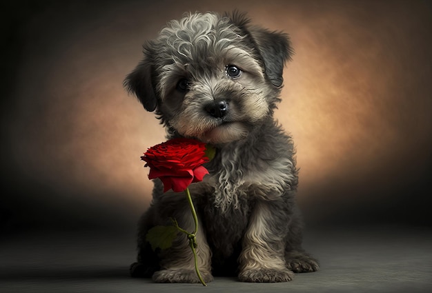 Simpatico cucciolo di cane con rose rosse Celebrazione di San Valentino Generativo ai