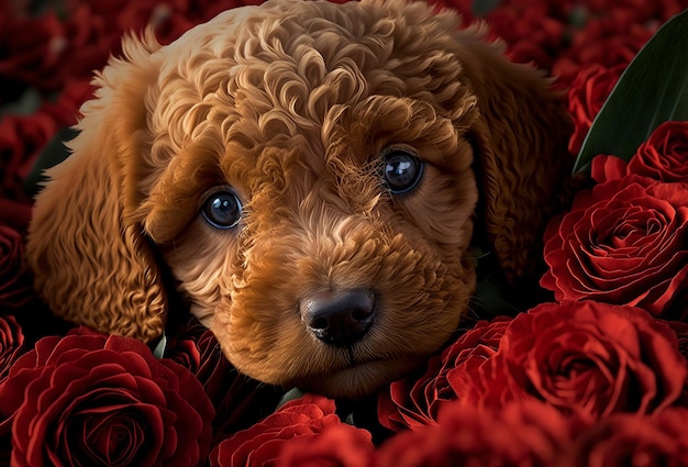 Simpatico cucciolo di cane con rose rosse Celebrazione di San Valentino Generativo ai