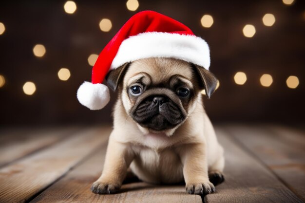 Simpatico cucciolo di cane festivo che indossa un cappello da Babbo Natale