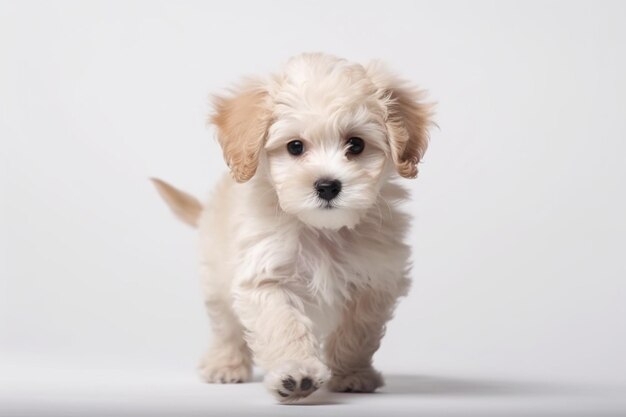 Simpatico cucciolo di cane Maltipoo in posa in esecuzione isolato su sfondo bianco per studio Animale giocoso