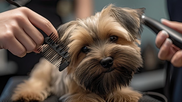 Simpatico cucciolo di raffica che viene curato dal parrucchiere per cani IA generativa