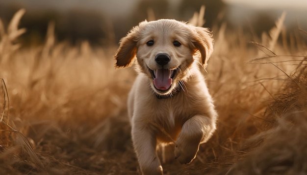 Simpatico cucciolo di razza pura che gioca nell'erba felicità del golden retriever generata dall'intelligenza artificiale