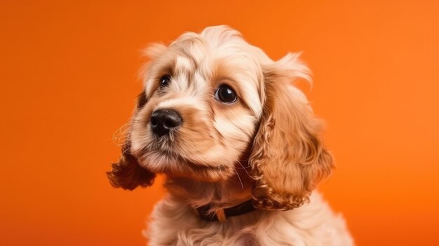 Simpatico cucciolo di spaniel su sfondo arancione con banner spazio copia ai generativa