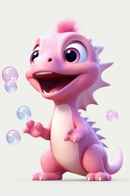 Simpatico dinosauro rosa con bolle su sfondo bianco