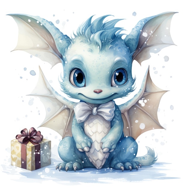 Simpatico drago blu con confezione regalo Illustrazione di cartoni animati ad acquerello