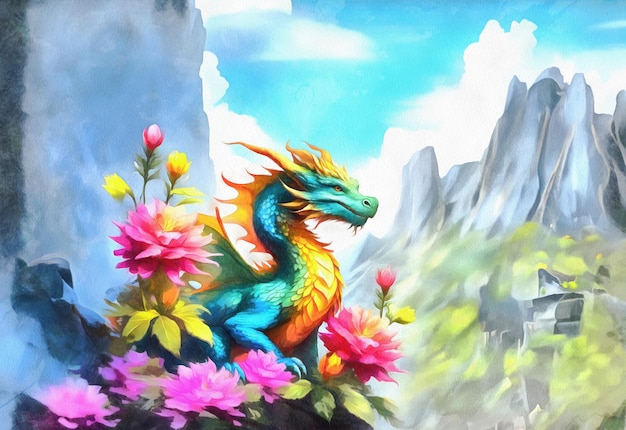 Simpatico drago fantasy con fiori colorati in acquerelli generati dall'intelligenza artificiale