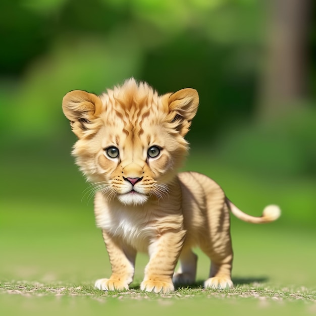 Simpatico e adorabile leoncino nella foresta IA generativa