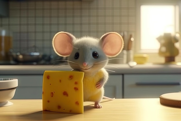 Simpatico e adorabile topo felice con un pezzo di formaggio Generative AI