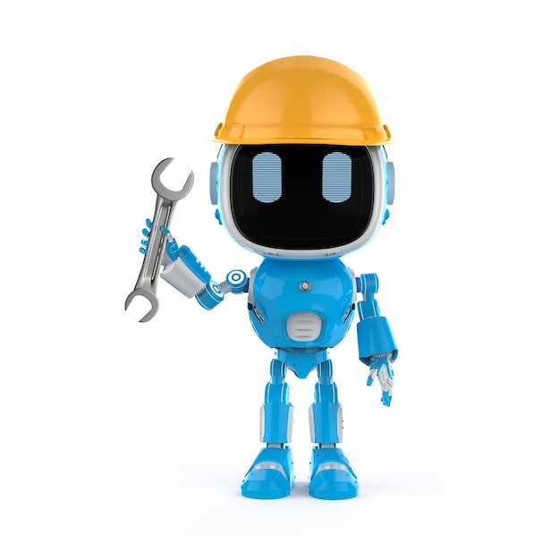 Simpatico e piccolo robot assistente di intelligenza artificiale con casco e strumento gialli