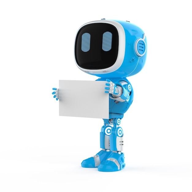 Simpatico e piccolo robot assistente di intelligenza artificiale con nota vuota
