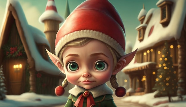 Simpatico elfo cartone animato in un villaggio di Natale IA generativa