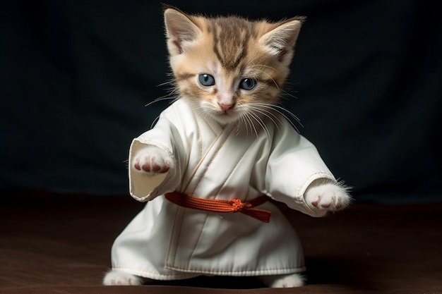 Simpatico gattino bengala con una cintura di karate