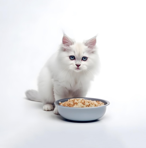 Simpatico gattino bianco soffice seduto vicino alla ciotola di cibo per animali domestici generato dall'intelligenza artificiale