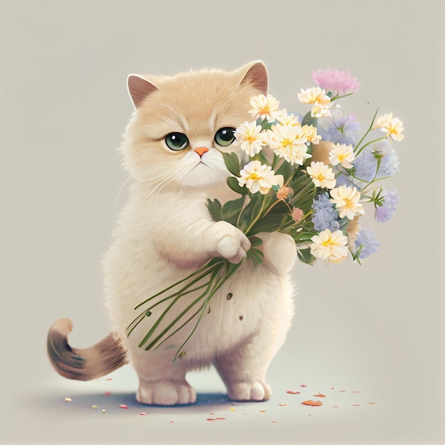 Simpatico gattino con bouquet di fiori primaverili IA generativa