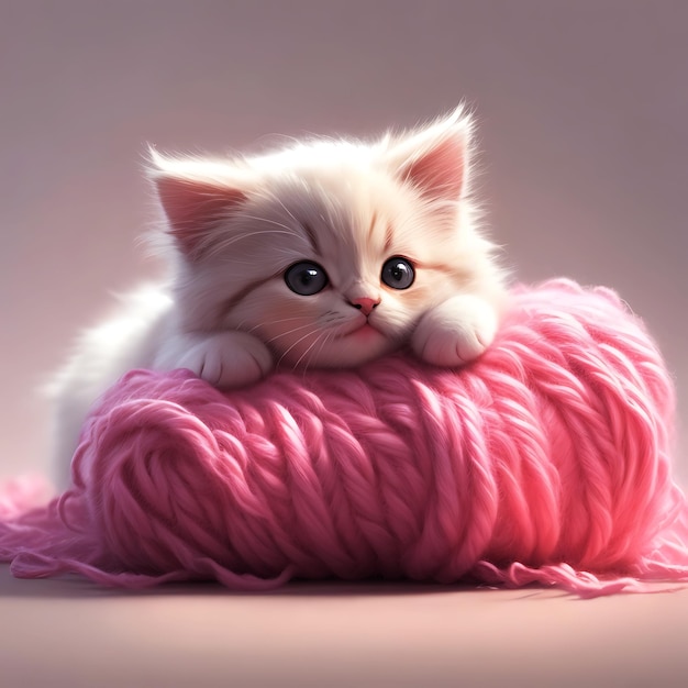 Simpatico gattino Fantasia ad acquerello di un simpatico gatto soriano che gioca con una palla di lana rosa Simpatico gatto generato dall'intelligenza artificiale