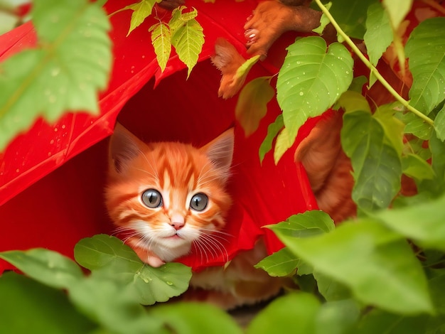 Simpatico gattino rosso che si nasconde dalla pioggia sotto le foglie ai generato